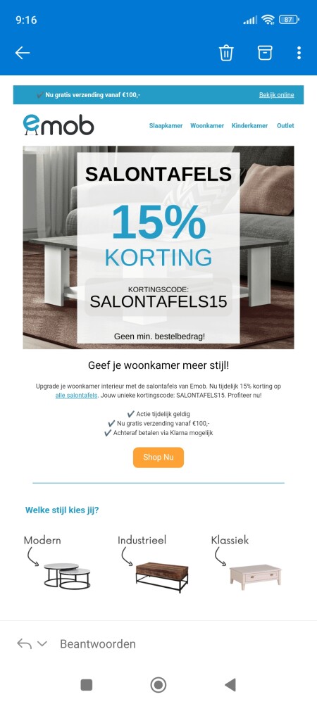 15% korting op salontafels