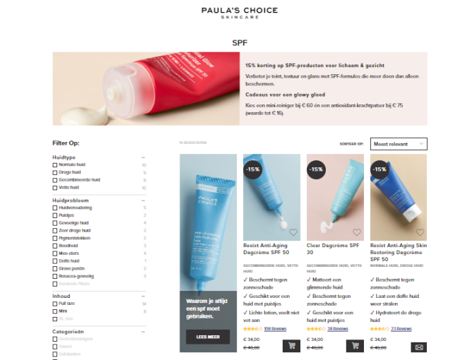 Bij Paula's choice is er 15% korting op SPF-p...