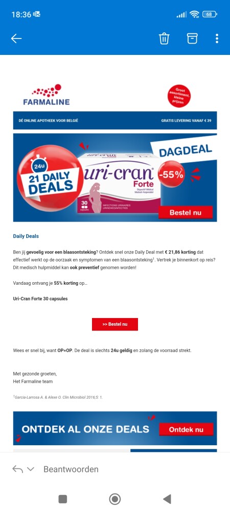 Dagdeal bij farmaline: -55% op Uri-Cran Forte...