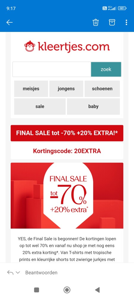 20% extra korting in de sale. De code is niet...