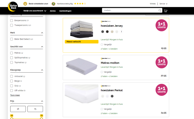 Bij beter bed is er 1+1 op een selectie hoesl...