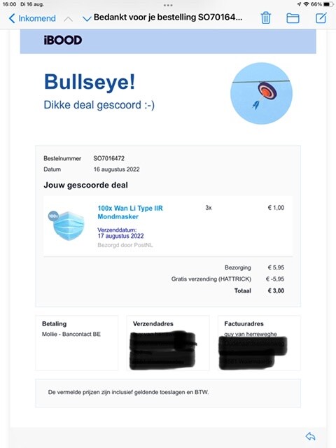 Op ibood 3 dozen mondmaskers besteld voor 3€...