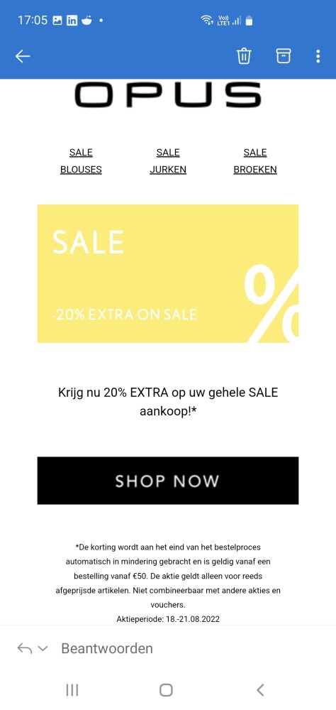 20% extra op 'sale' bij Opus. Geldig vanaf 50...