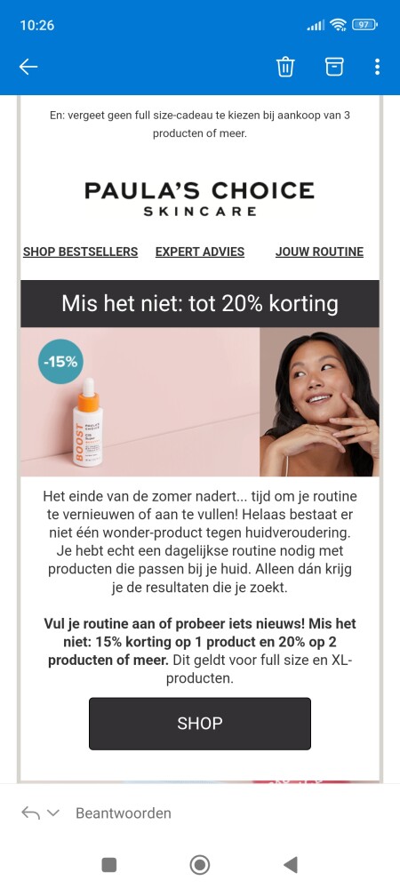 Bij paula's choice skin care is er 15% kortin...