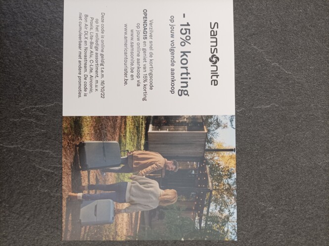 15% op de volgende aankoop via www.samsonite....