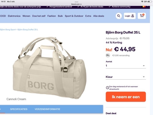 IBOOD Björn Borg Duffel 35 L Cannoli Cream 44...