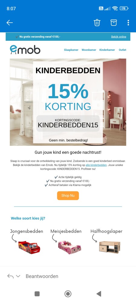 15% korting op alle kinderbedden.