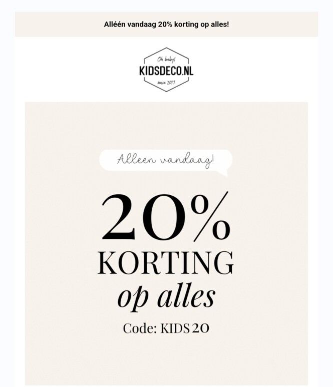 Alleen vandaag 20% korting op alles bij kidsd...