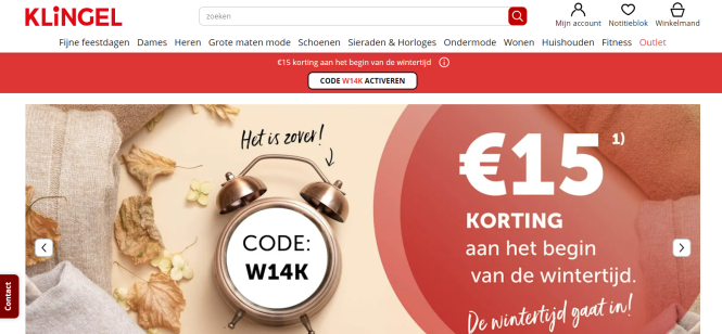 €15 korting bij aankoop vanaf €45 bij klingel...