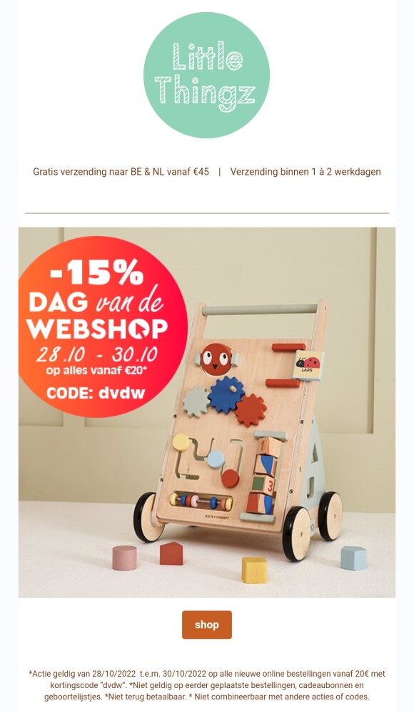 15% Korting op alles vanaf 20eu bij littlethi...