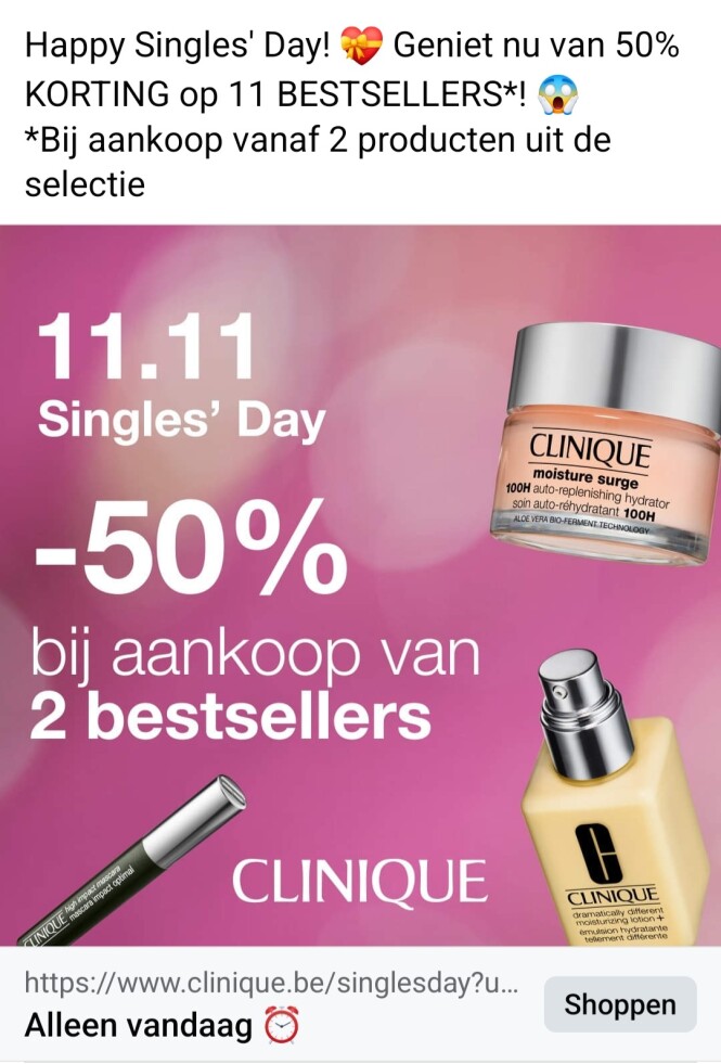 clinique.be 11.11 singles day -50% op een sel...