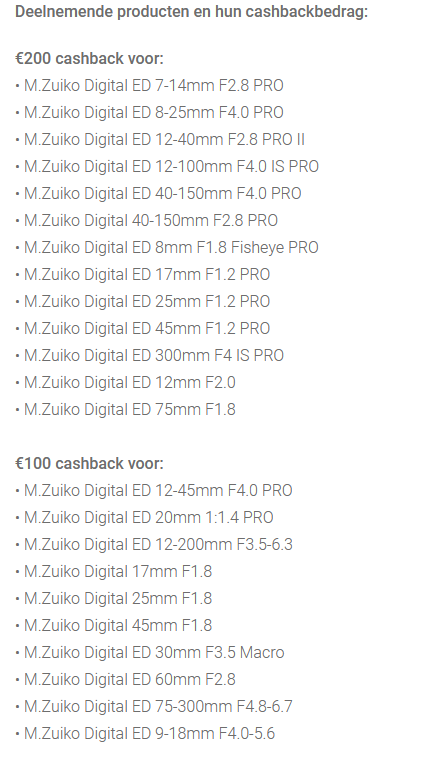 OLYMPUS Tot €200 op de meeste M.Zuiko lenzen...