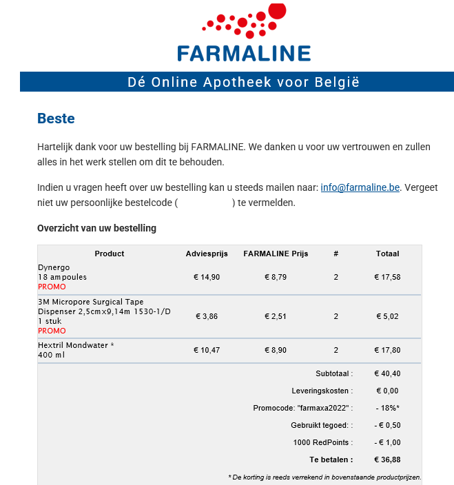 Bestelling geplaatst bij Farmaline: 2* Dynerg...