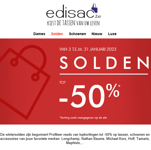 Solden bij edisac.be: tot -50% korting op tas...