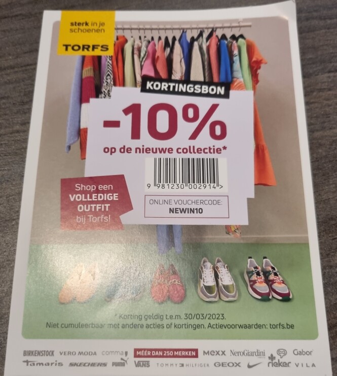 -10% op de nieuwe collectie bij Torfs. Niet...