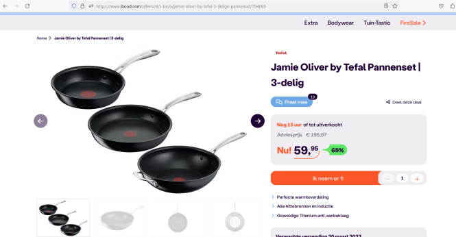 Bij Ibood Tefal Jamie Oliver 3-delige pannens...