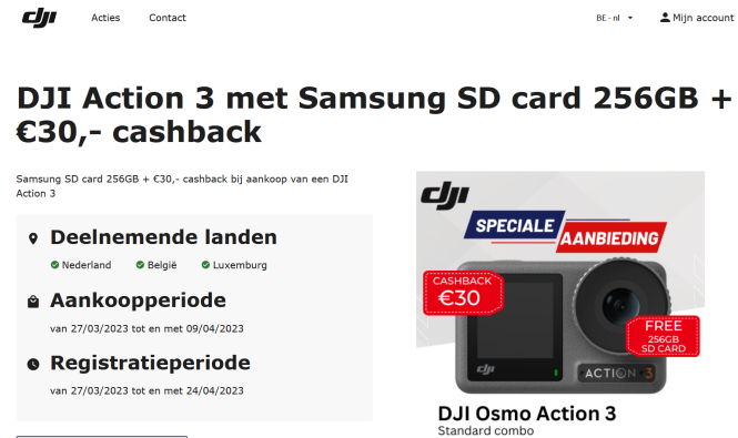 DJI Action 3 met €30,- cashback en Samsung SD...