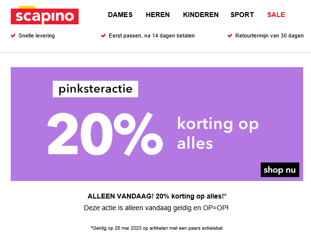 Bij scapino.nl is er 20% korting op alles, Ge...