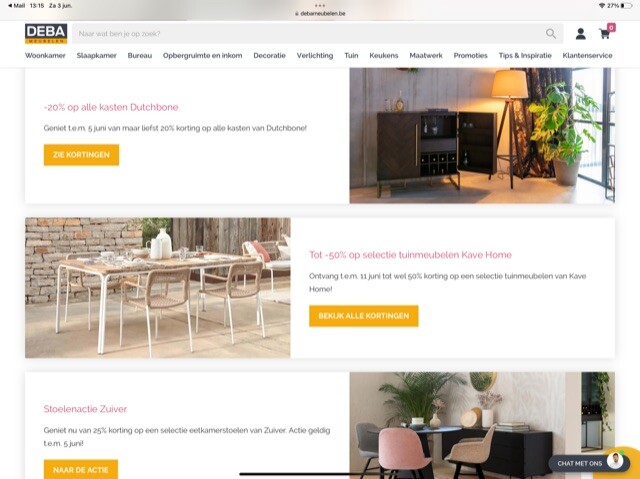 20% op DUTCHBONE kasten 50% op KAVE tuinmeubi...