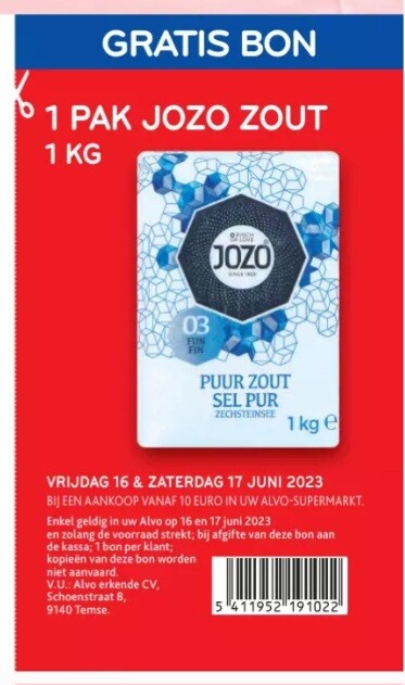 Alvo bon in folder gratis 1 pak Jozo zout 1kg...
