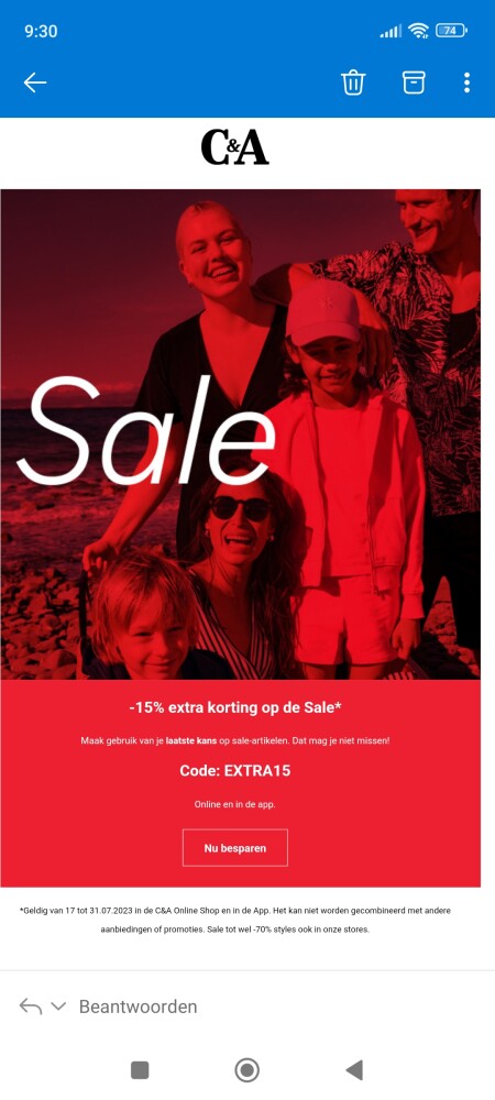 -15% extra korting op de Sale in de C&A Onlin...
