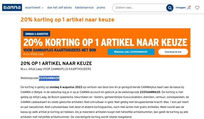 20% korting op 1 artikel naar keuze op 6/08 b...