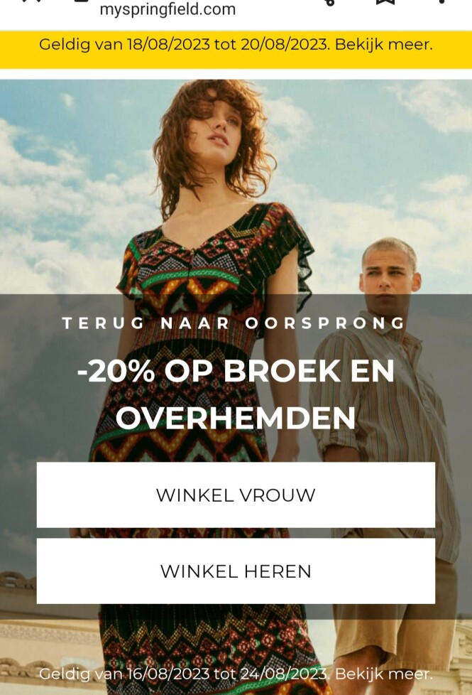 myspringfield.com -20% op broek en overhemden...