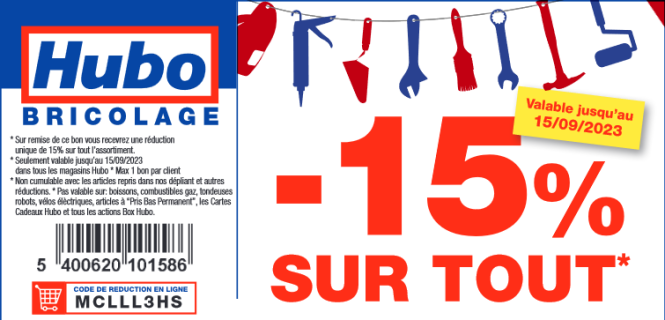 15% sur tout chez Hubo jusqu'au 15/09.