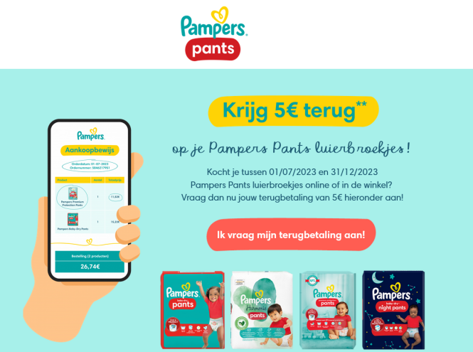 Pampers Krijg €5 terug op je Pampers Pants lu...