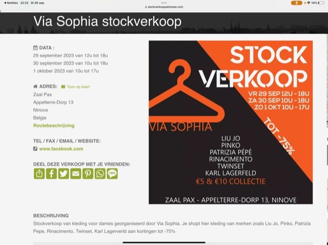 Via Sophia stockverkoop 29/9 tot 1/10 Zaal Pa...