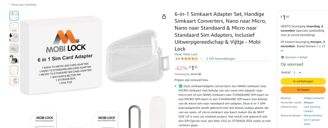 Bij amazon NL 6-in-1 Simkaart Adapter Set, Ha...