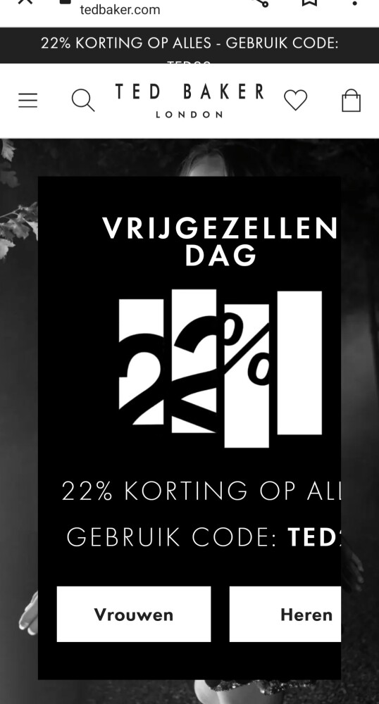 tedbaker.com vrijgezellendag 22% korting op a...
