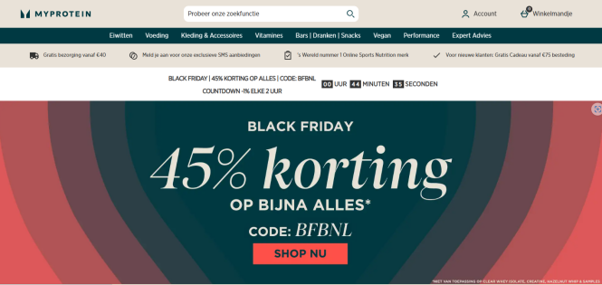 45% korting op alles, uitgezonderd Clear Whey...