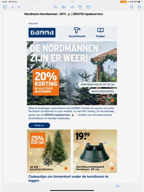Nordmann kerstbomen -20% bij https://www.gamm...