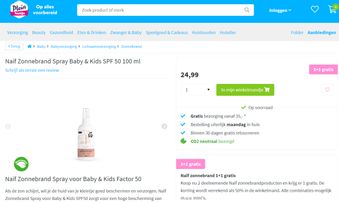 1+1 op Naïf Zonnebrand Spray Baby & Kids SPF 50 100ml