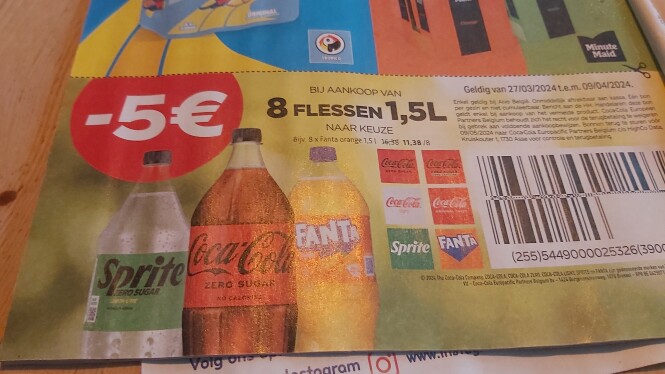 -5 euro kortingsbon bij aankoop van 8 flessen 1.5L