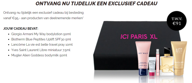Gratis exclusieve box vol verrassingen bij aankoop van min €95 van deelnemende merken*