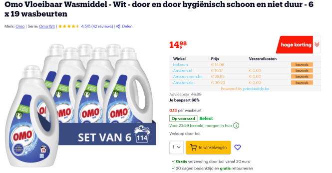 € 0/13 per wasbeurt op Omo bij Bol