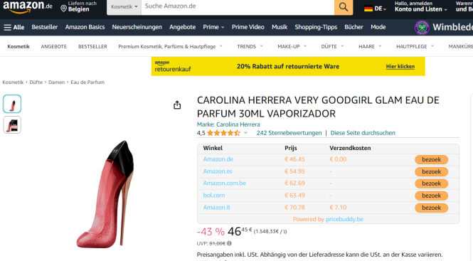 Grote korting op Carolina Herrera Very Good Grirl Glam 30 ml eau de parfum bij Amazon