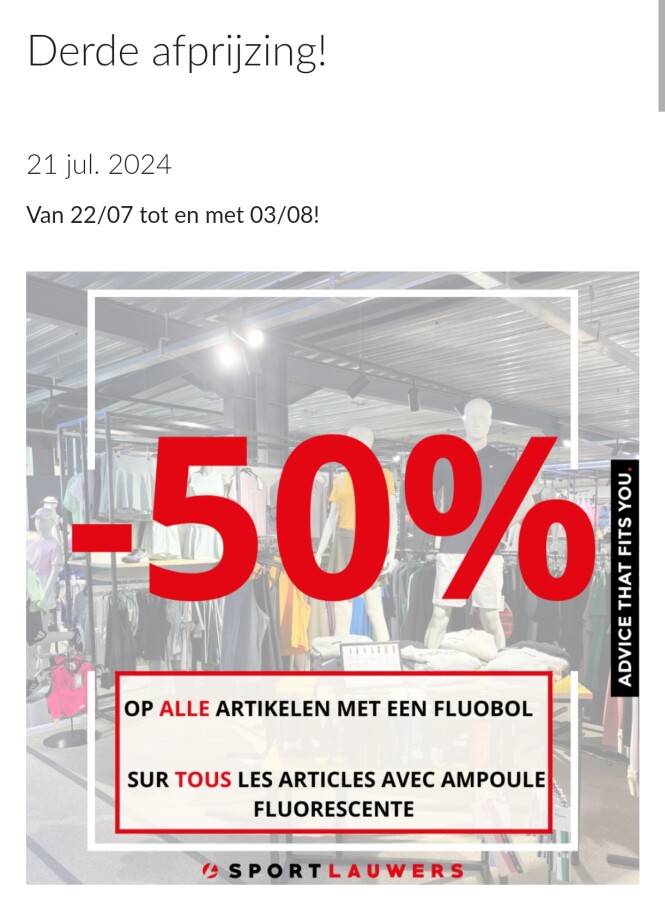 50% korting op alle artikelen met fluobol bij sport Lauwers!
