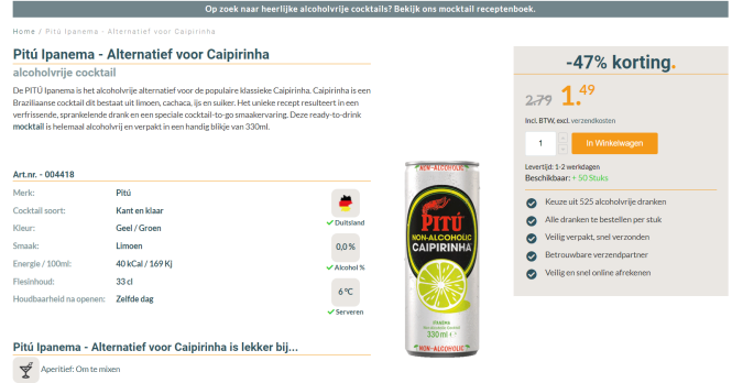 €1,49 Pitú Ipanema 🍸 Alternatief voor Caipirinha bij Alcoholvrijshop