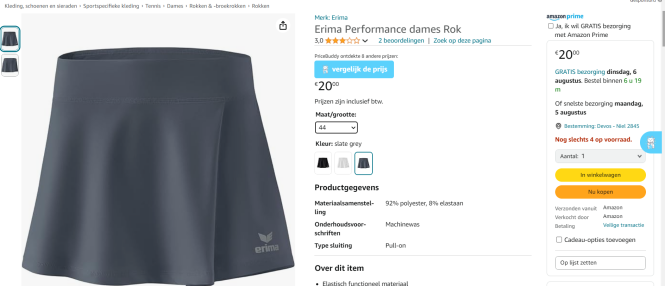 Erima Performance tennisrok €20 🎾 Amazon NL