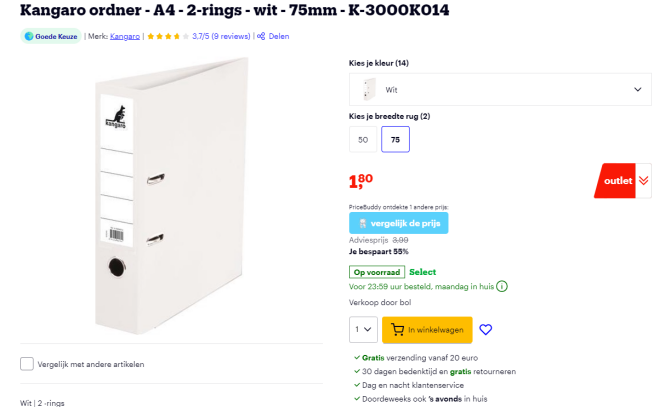 €1,80❕Kangaro ordner - A4, 2-rings - wit - 75mm 📁 Bol