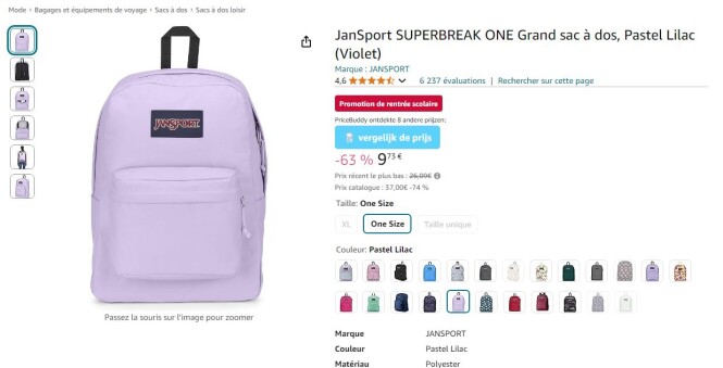 Sac à dos JanSport avec 63% de réduction chez Amazon BE