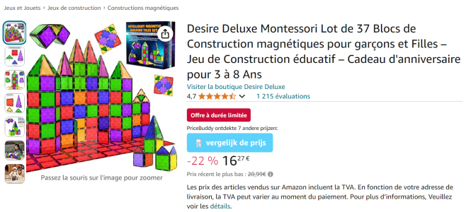 Lot de 37 Blocs de Construction magnétiques pour 16,17 euros sur Amazon FR