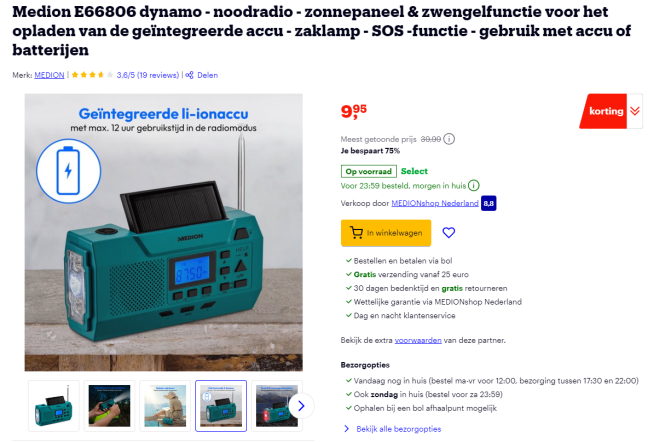 Medion E66806 dynamo, noodradio, zonnepaneel & zwengelfunctie voor het opladen van de geïntegreerde accu, zaklamp, SOS-functie, gebruik met accu of batterijen - 75% korting op Bol.com