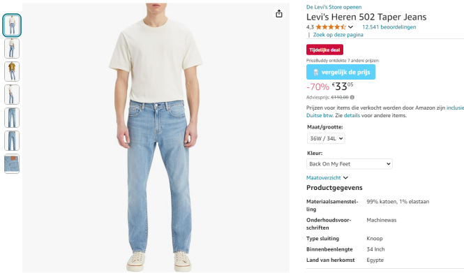 Pantalon jeans Levi's 502 pour 33,05 € chez Amazon DE