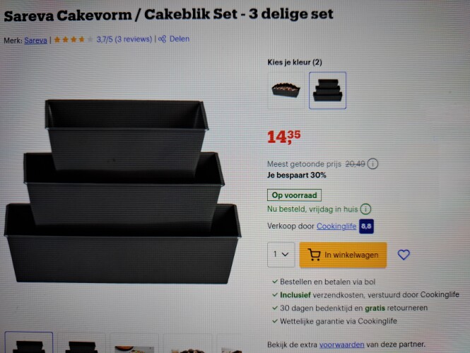 Cakevorm 3 delige set voor €14,35