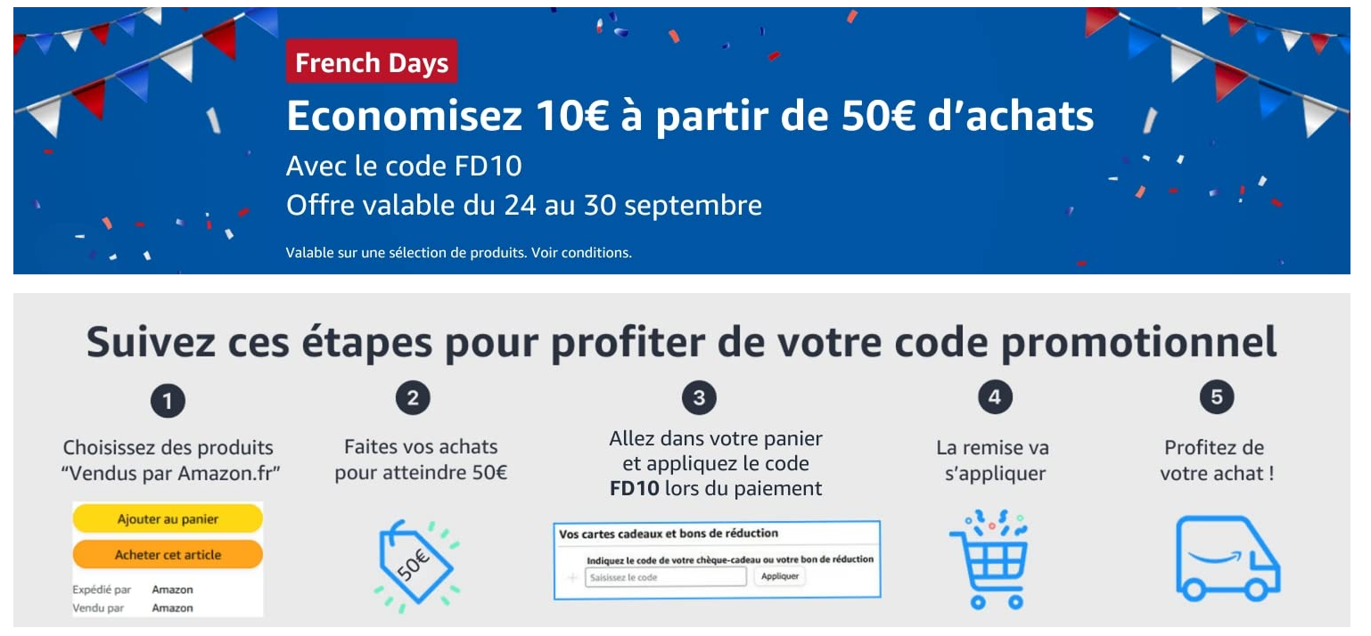 Amazon FR: économisez 10 € à partir de 50 € d'achats avec le code promo