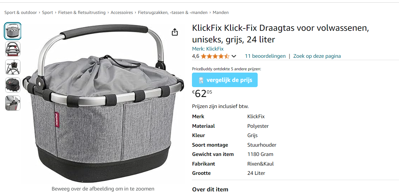 -40% op Fietsmand, grijs KlickFix 🚲 bij Amazon 🇳🇱